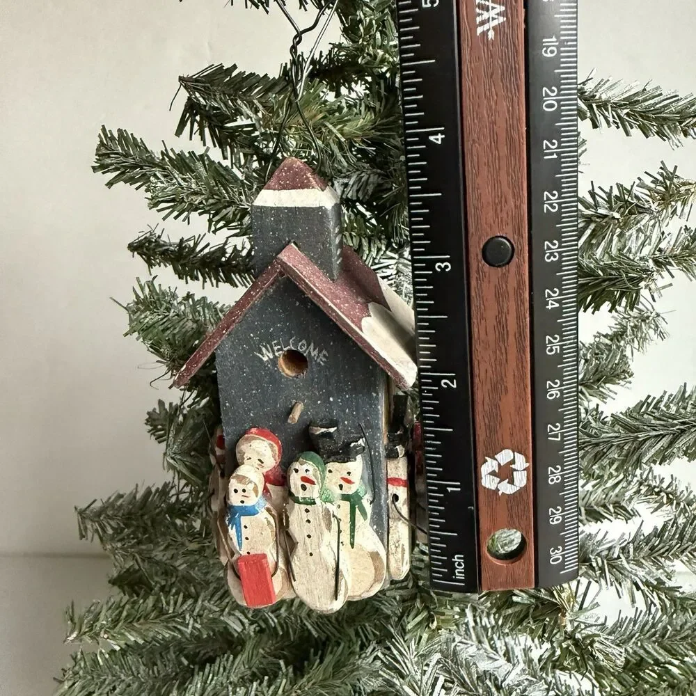 Vintage Christmas Ornament Snowman Family Church Painted Wood Primitive Country